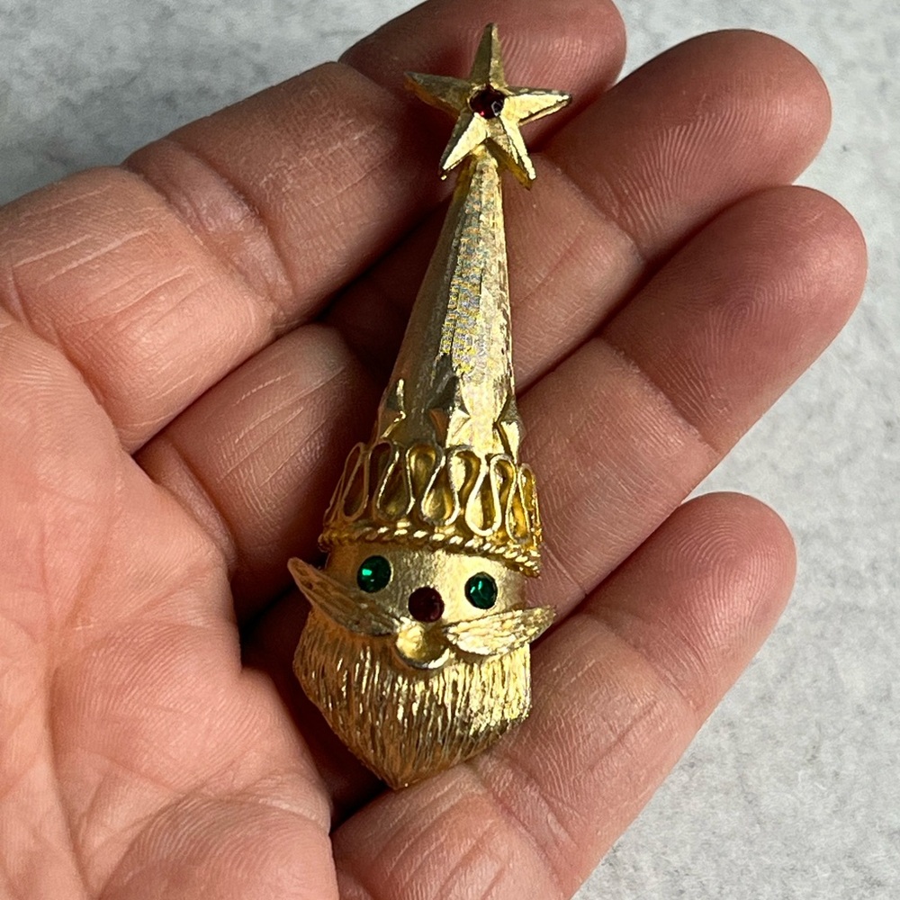 VINTAGE CHRISTMAS PIN BROOCH MYLU SANTA CLAUS STAR HAT CROWN GOLD TONE ENAMEL